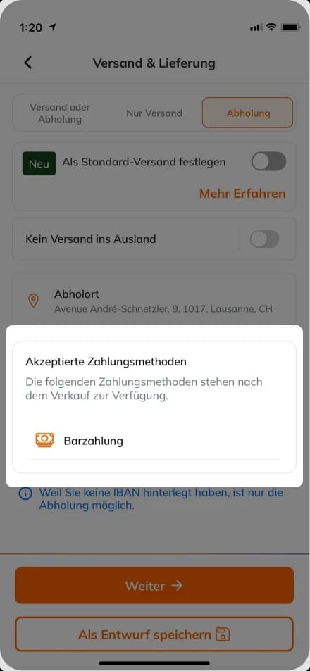 Sell button and shipping selection
