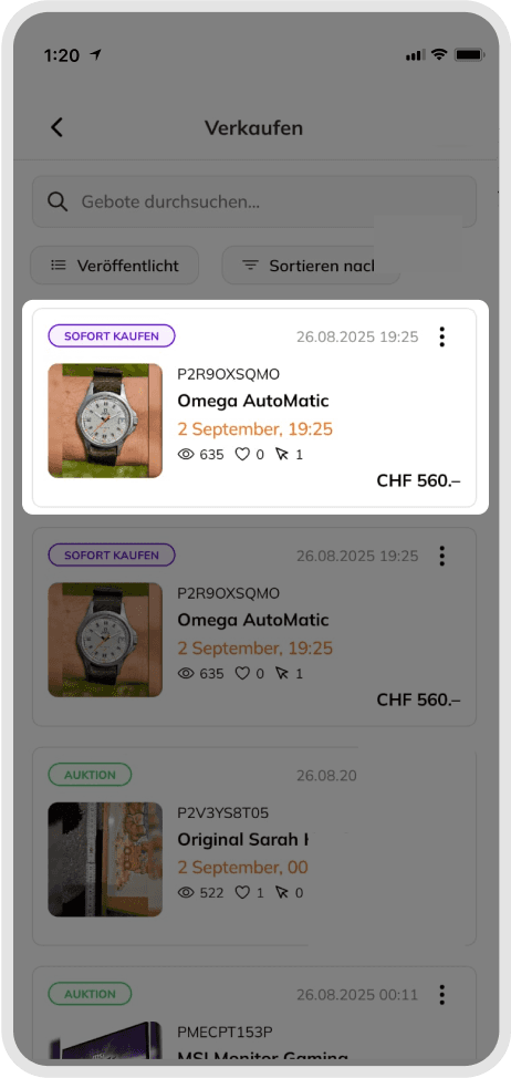 Listings overview screen