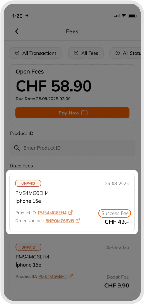 Fee calculation example showing CHF 58.90