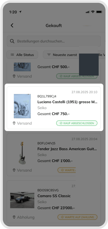 Bought orders list
