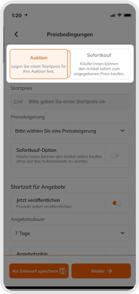 Product options screen