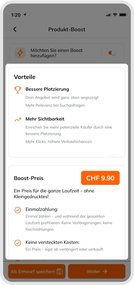 Boost options screen